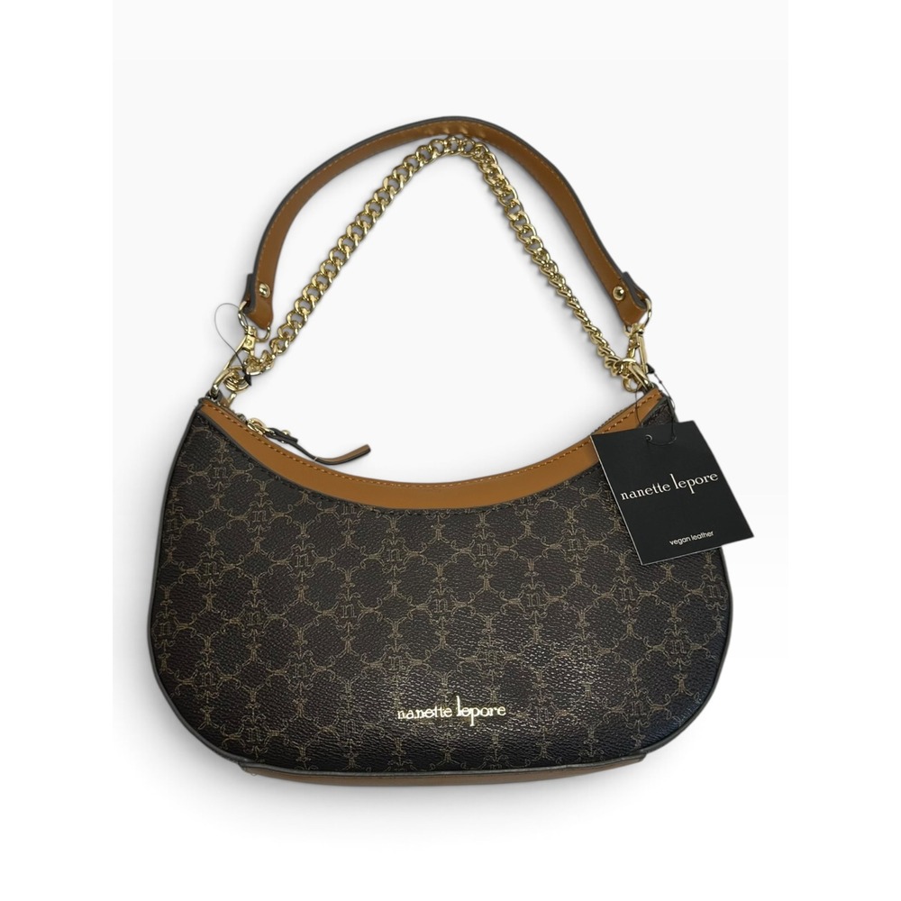 NWT Nanette Lepore Shoulder Bag Womens Small Brown Monogram Vegan Leather Hobo